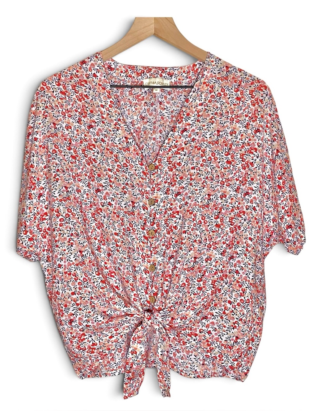 Cynthia Rowley Floral Tie Front Blouse Short Sleeve Top Medium Cottagecore